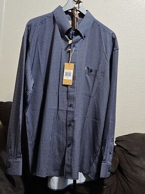 Men's Blue Micro-Check Dress Shirt with Spread Collar
